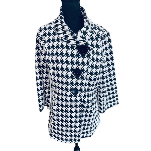 Ali Miles Womens Houndstooth Print Jacket Black White Peplem Hem Money Classic - Picture 2 of 10